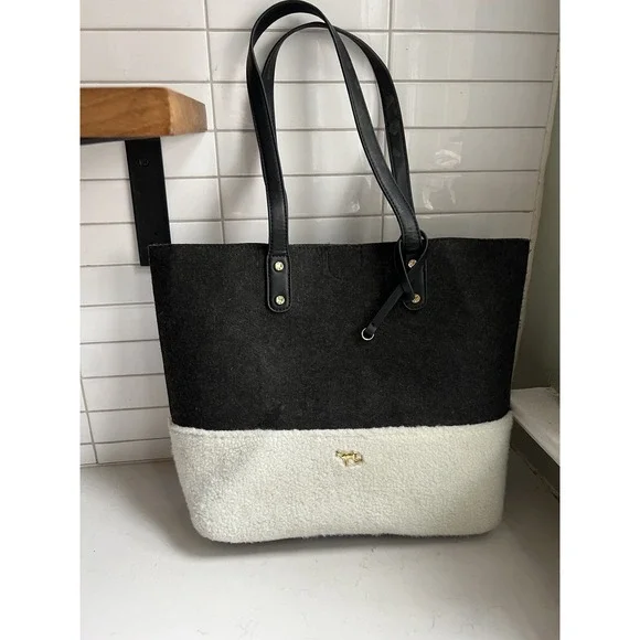 Emma Fox Caspian Shoulder Bag Tote Large Felt Sherpa Gray Cream Purse Trendy - Picture 2 of 9